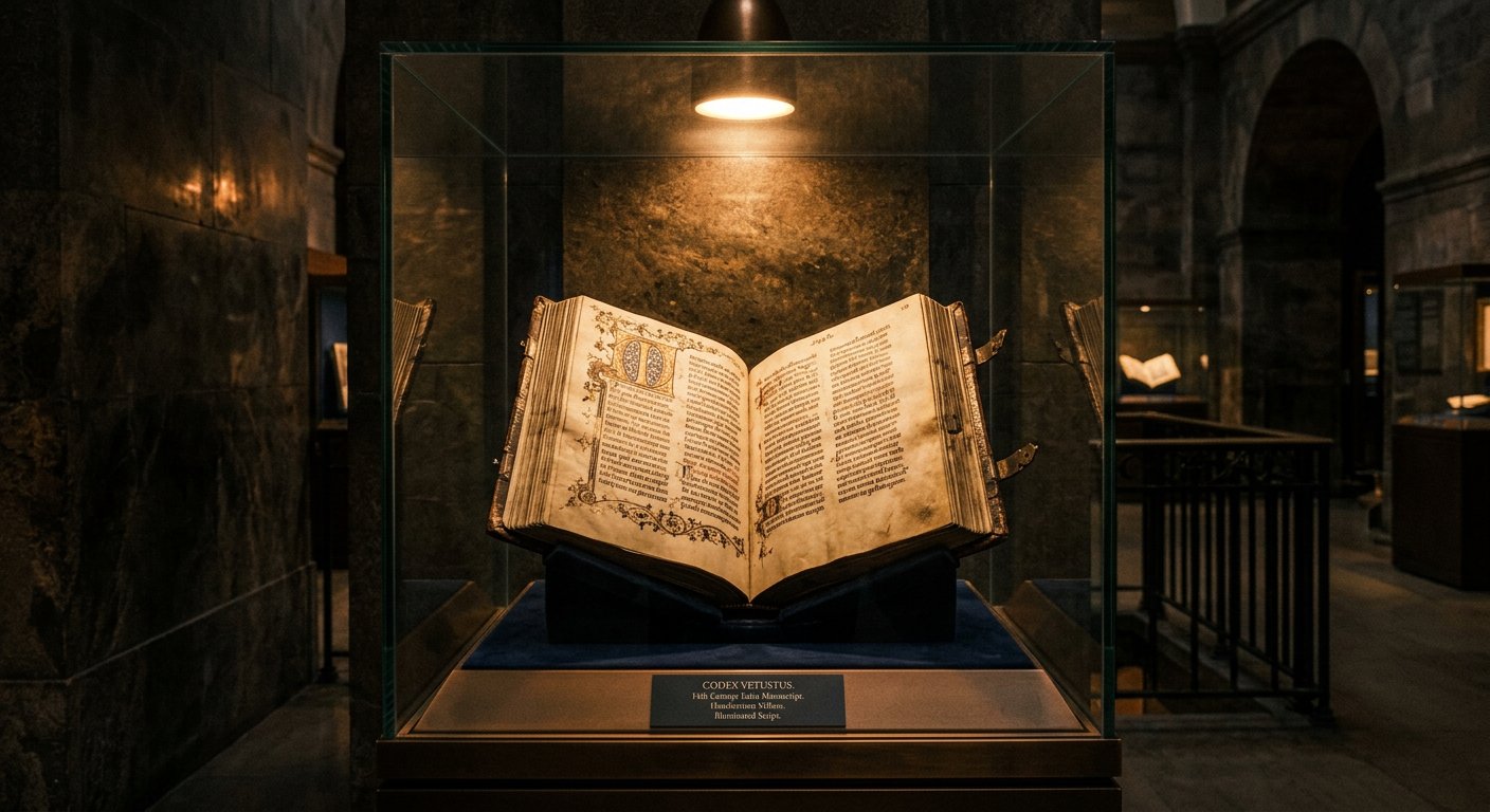Vitrine de musée présentant un manuscrit ancien