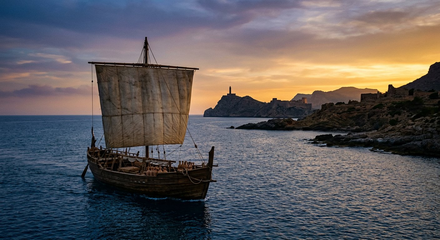 Navire marchand antique sur la Méditerranée au crépuscule, route des traductions
