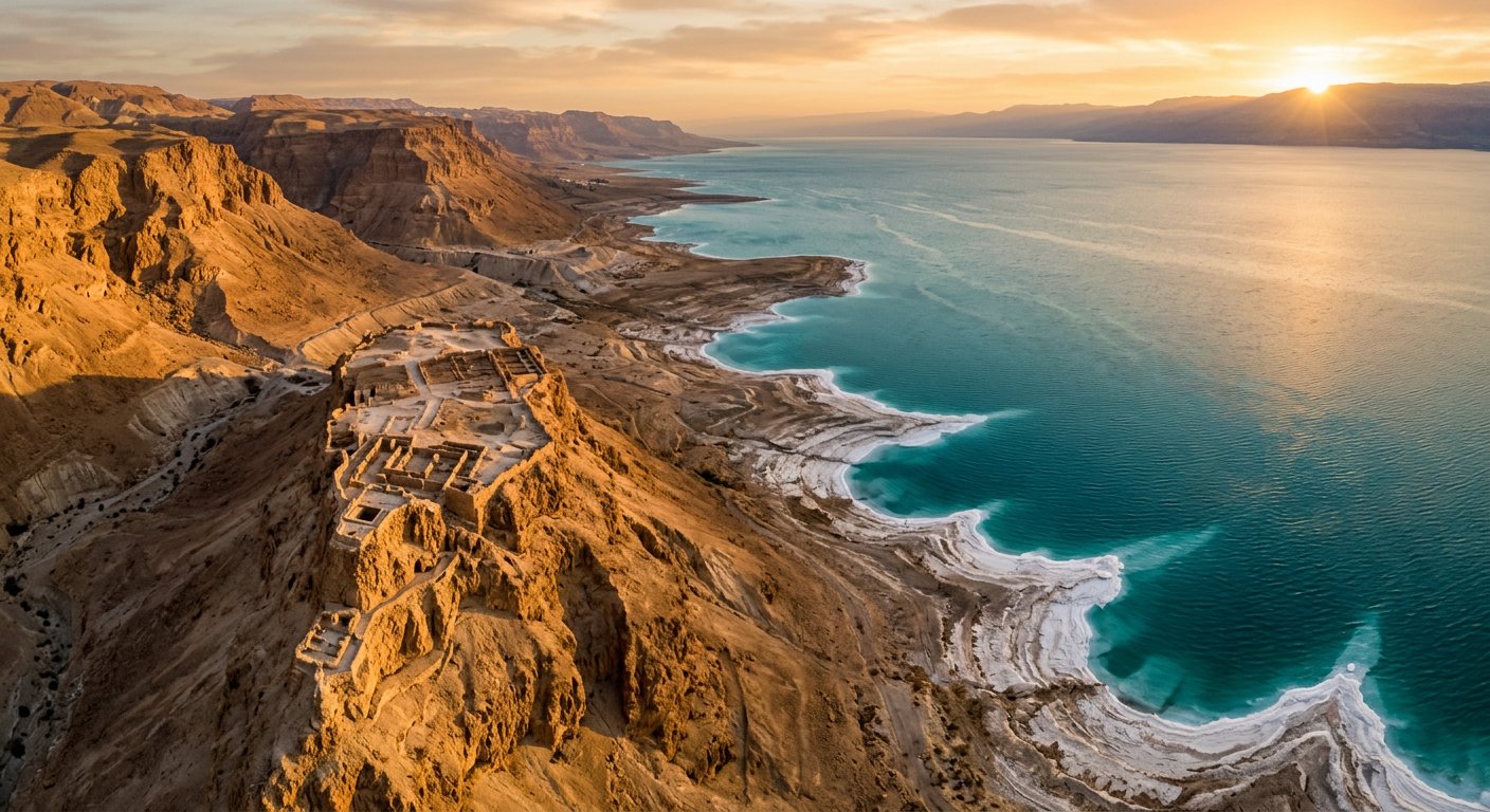 Vue aérienne de la mer Morte au lever du soleil, falaises et formations salines