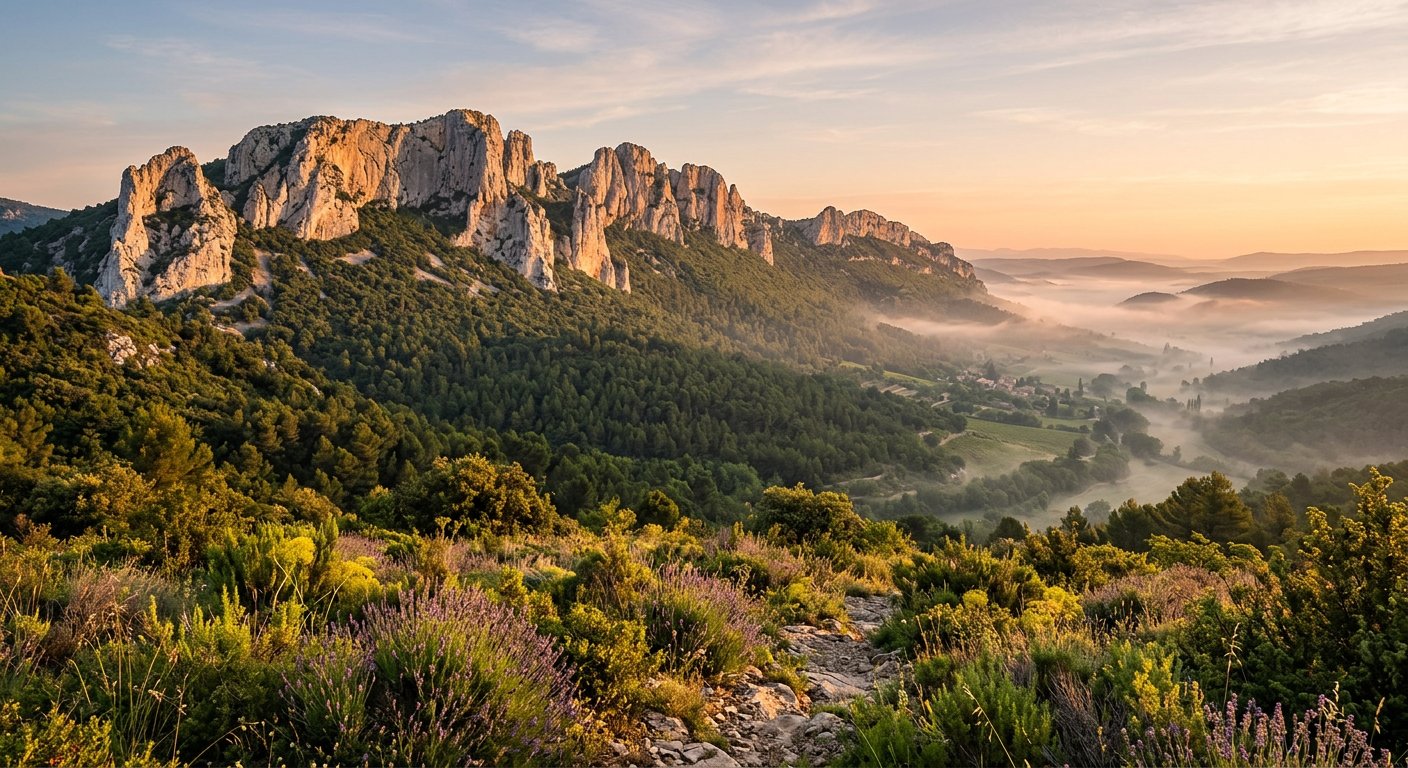 Crête calcaire de la Sainte-Baume en Provence à l'heure dorée