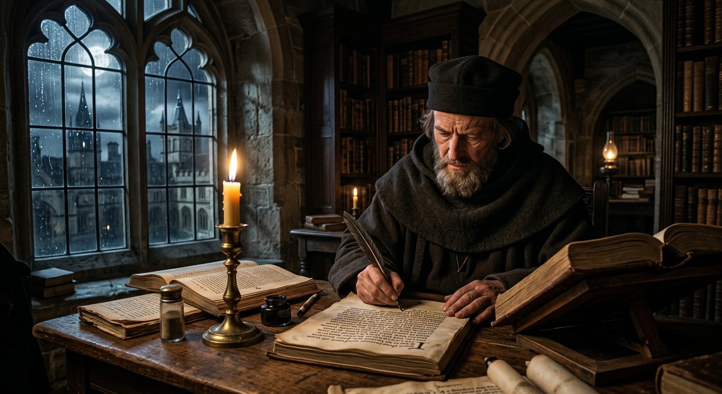 Jean Wyclif traduisant la Bible en anglais par la lumière des chandelles